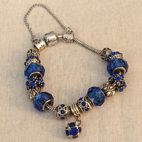 Charm Bracelet With Blue Crystal Beads in Silver Tone Metal with Safety Chain - Picture 2 of 13
